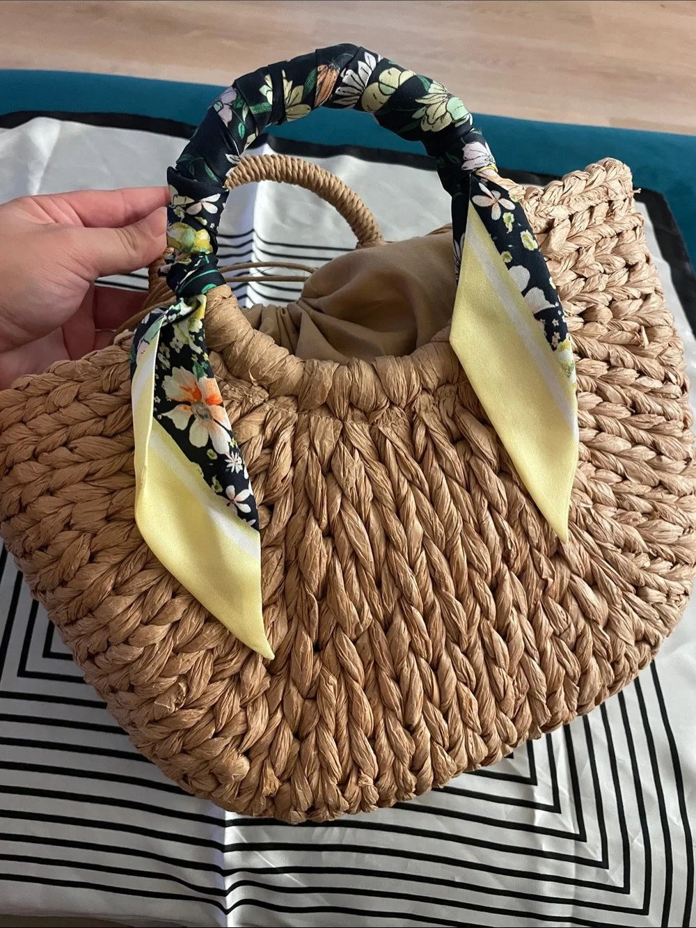 Woven Straw Handle Tote with Yellow Scarf Accent